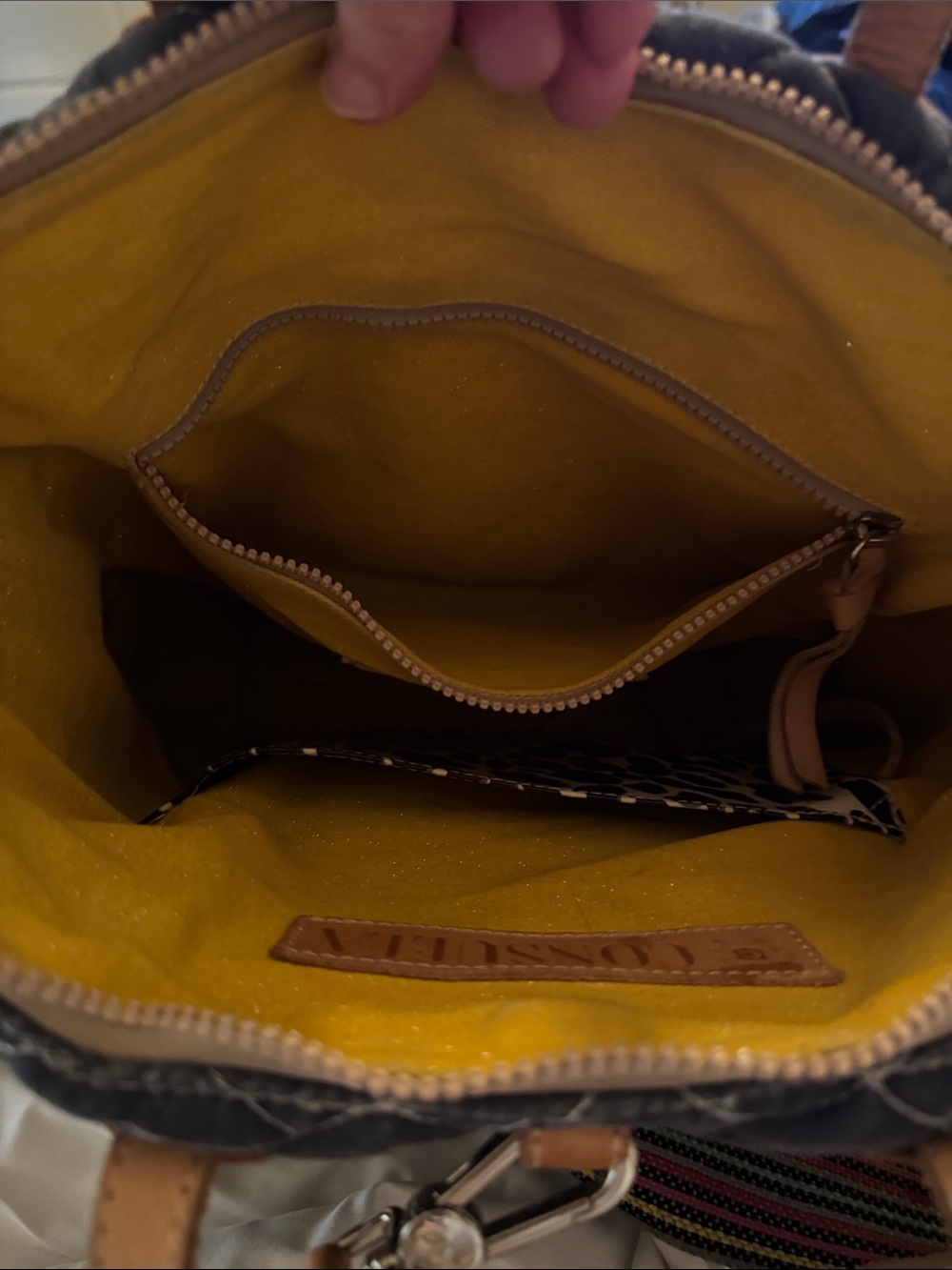Consuela Navy Quilted bag with Tan Trim and Multicolor Strap - Picture 2 of 5
